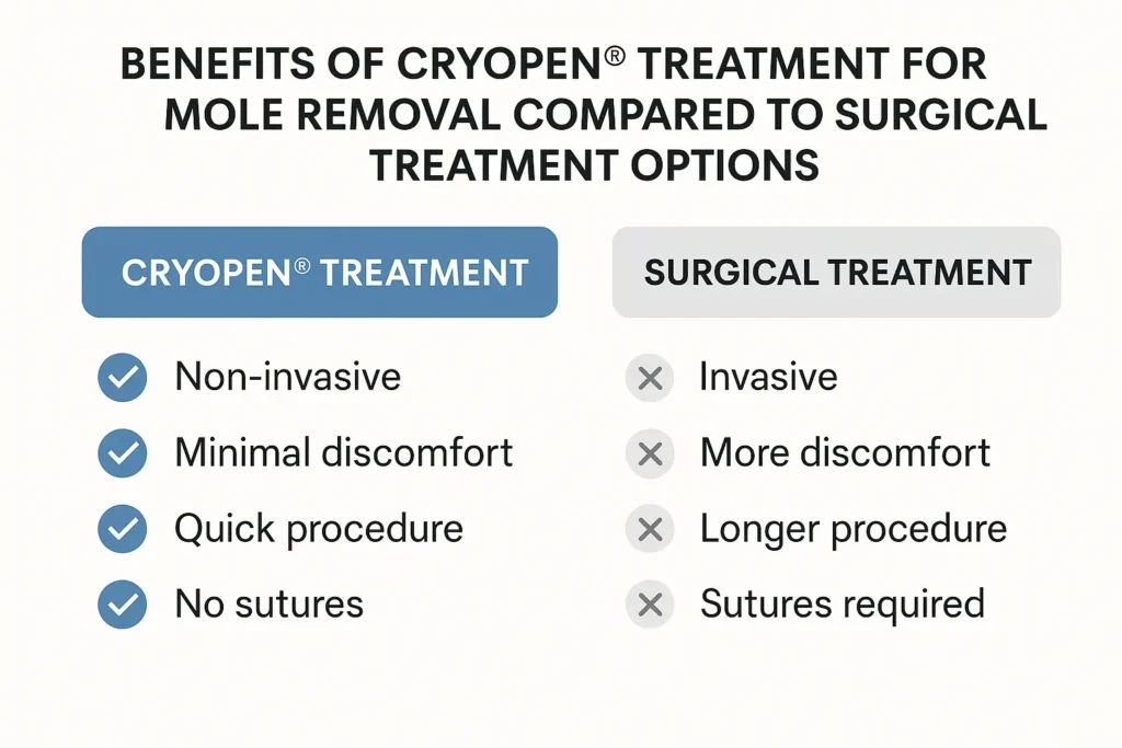 Table to show the benefits of getting moles removed Northwood Hills from LA LIPO