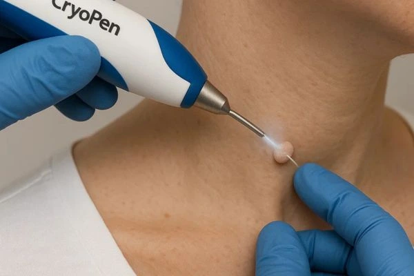 Person receiving cryotherapy Northwood Hills for skin tag removal