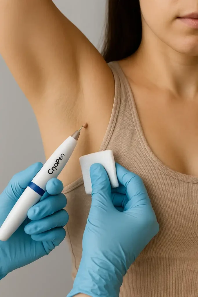 woman having cryopen to remove underarm skin tags Northwood Hills