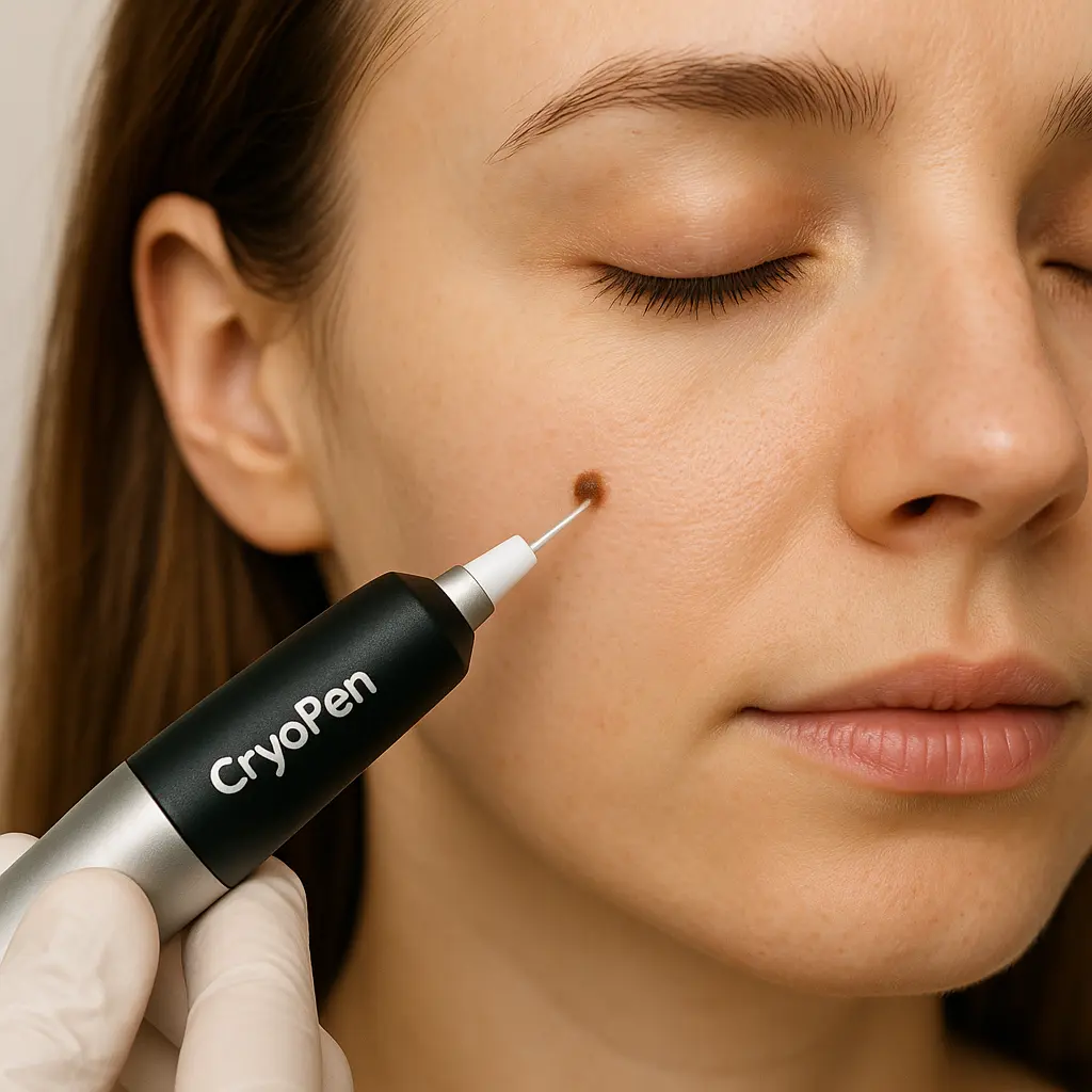 woman receiving facial mole removal Northwood Hills using cryopen