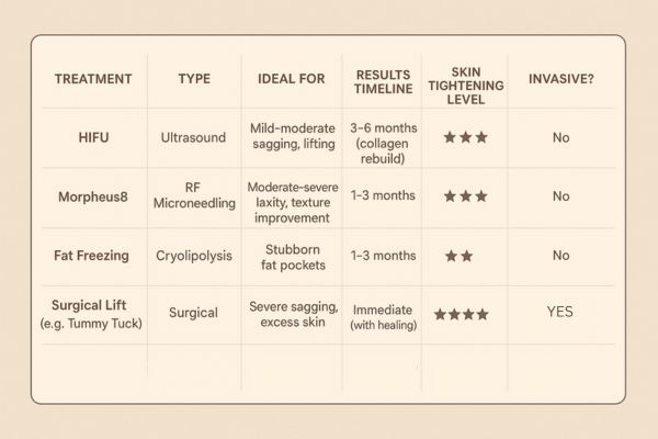 Table showing the comparisons of Skin tightening Northwood Hills treatment options.